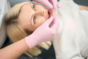 Doctor in rubber gloves installs aligners on the patient's teeth