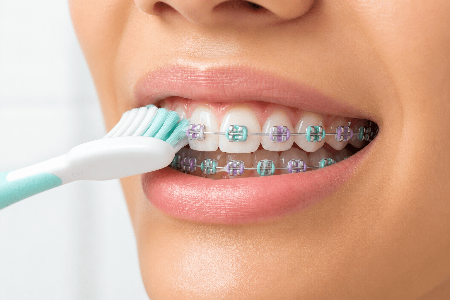 Brushing teeth with braces close-up