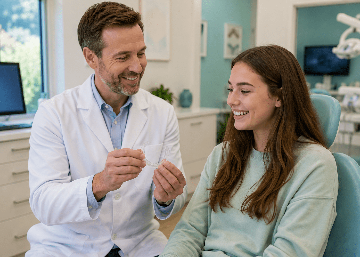 Dentist demonstrates clear aligner to patient