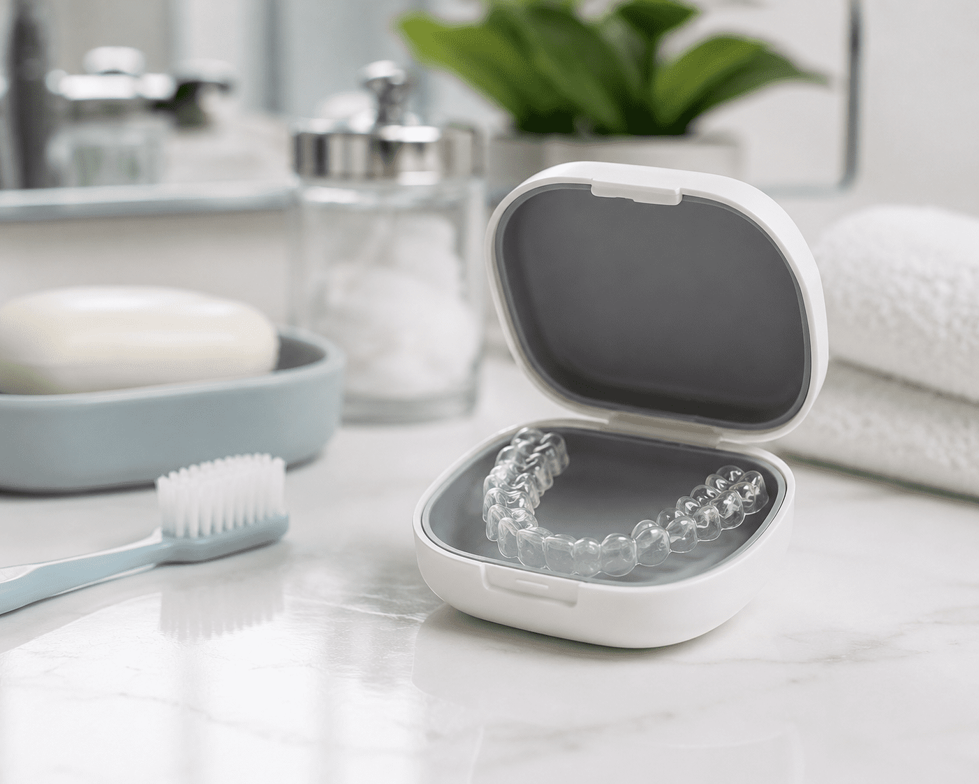 Tidy bathroom countertop with aligner case