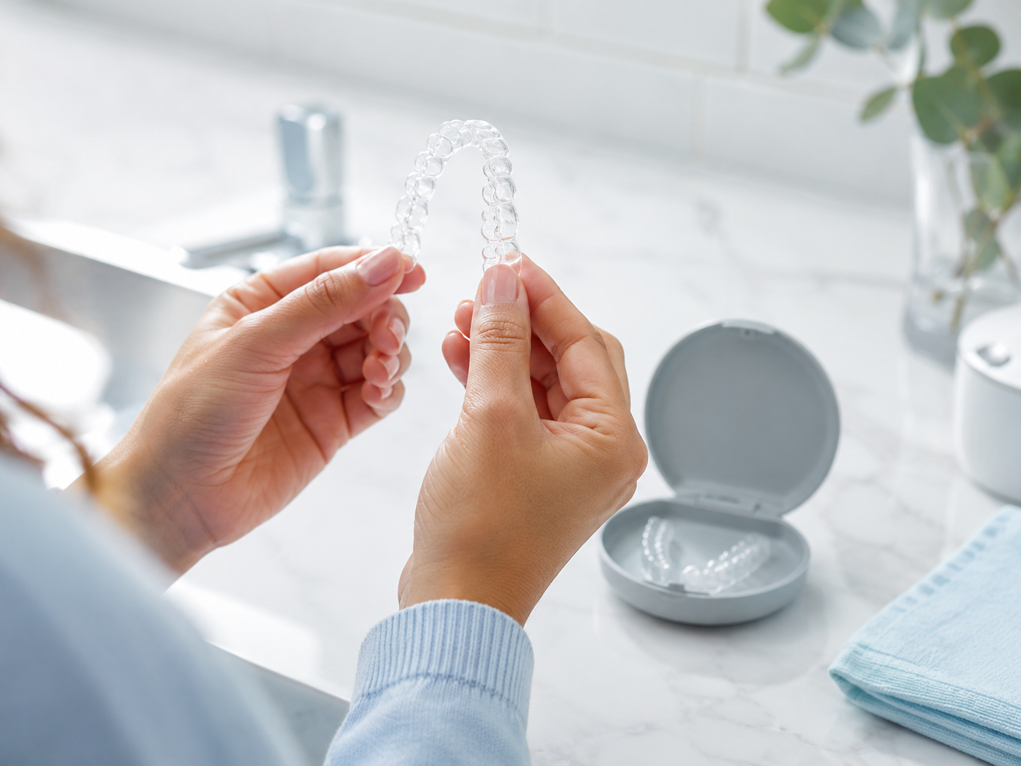 Clear Aligner Care in a Bright Bathroom
