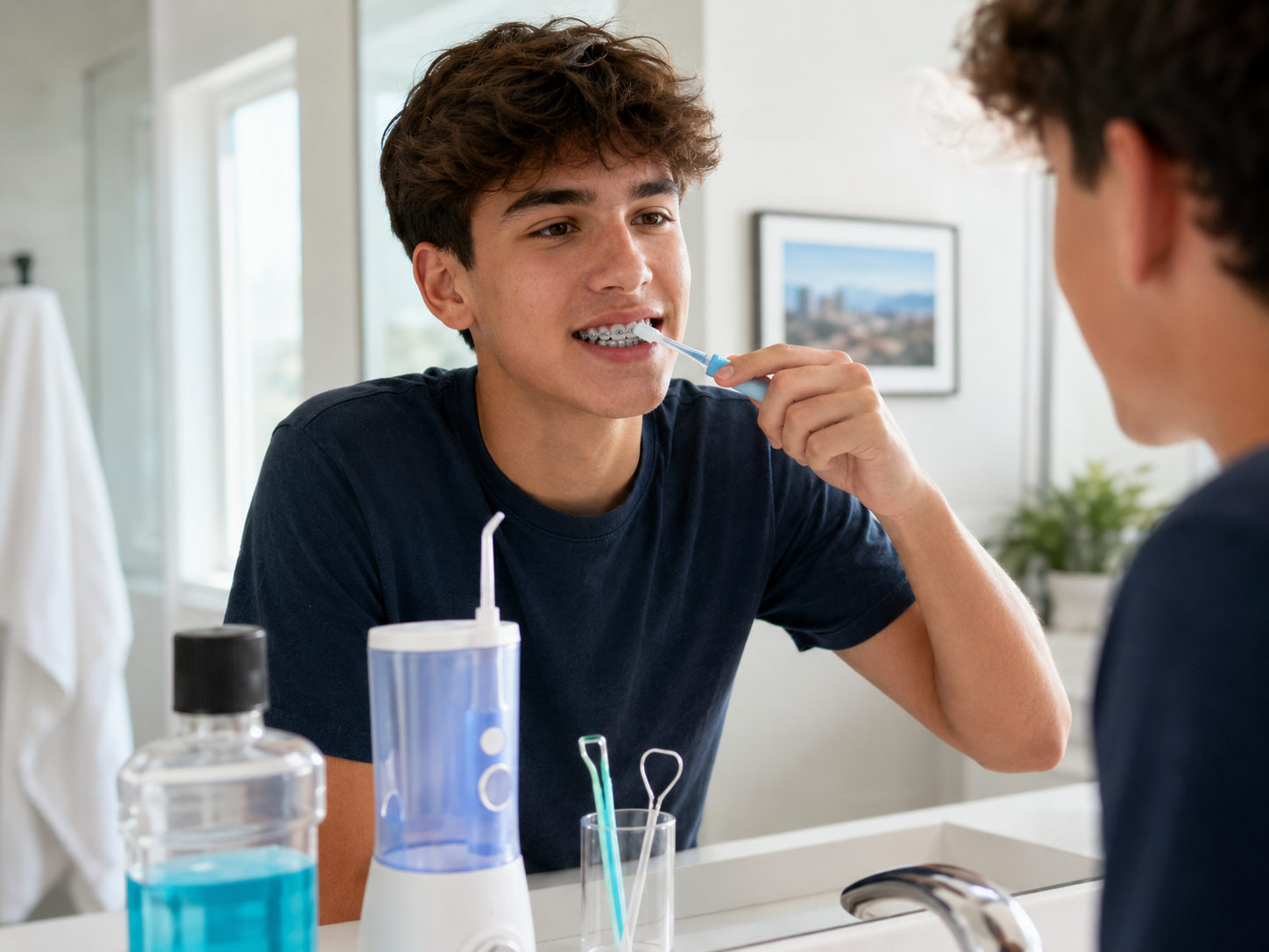 Brushing Braces in a Bright Bathroom