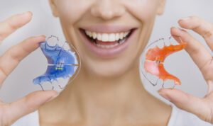 Beautiful Smiling Girl with Retainer for Teeth, Close-up