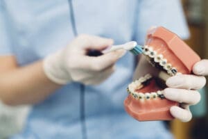 Dentist cleaning false teeth with toothbrush, mid section, close-up