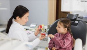 Happy asian female dentist tells little child girl how to brush the teeth on artificial jaw model.