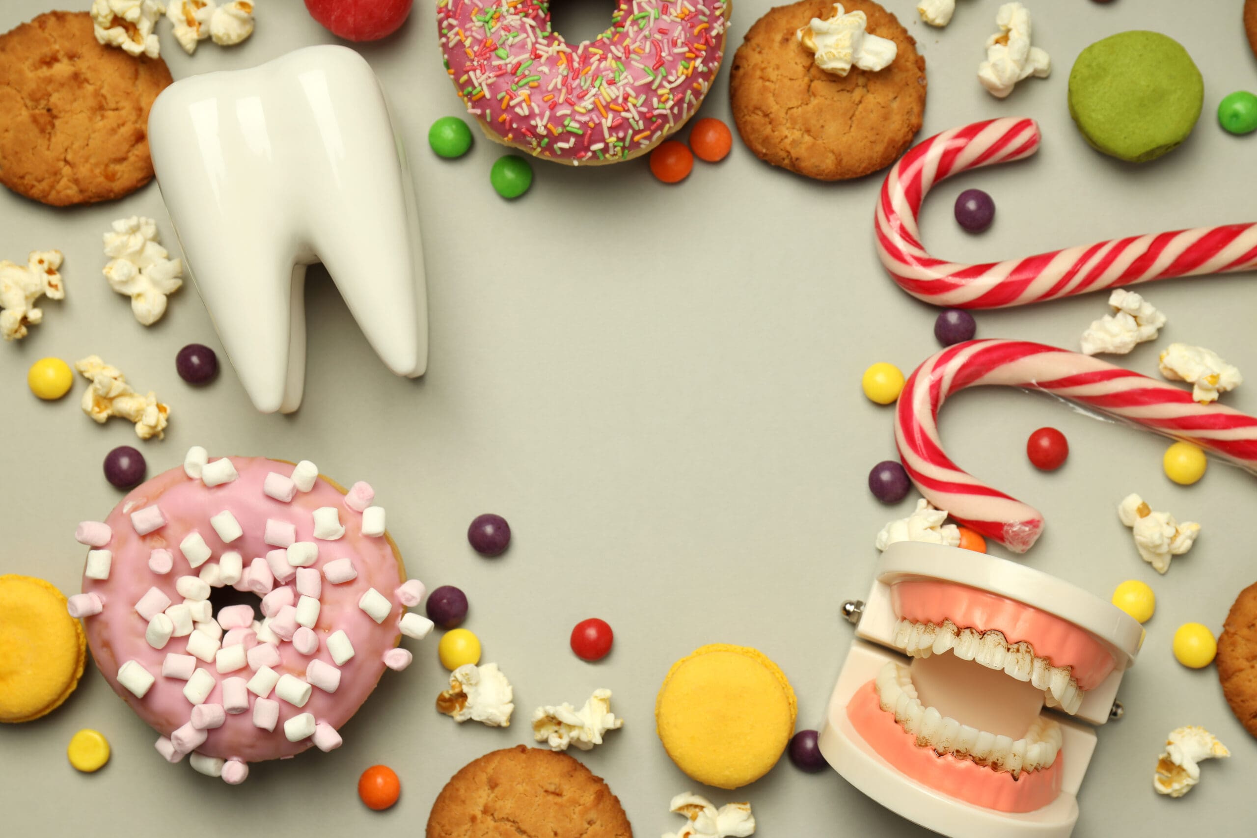 Concept of food bad for teeth, dental care, space for text